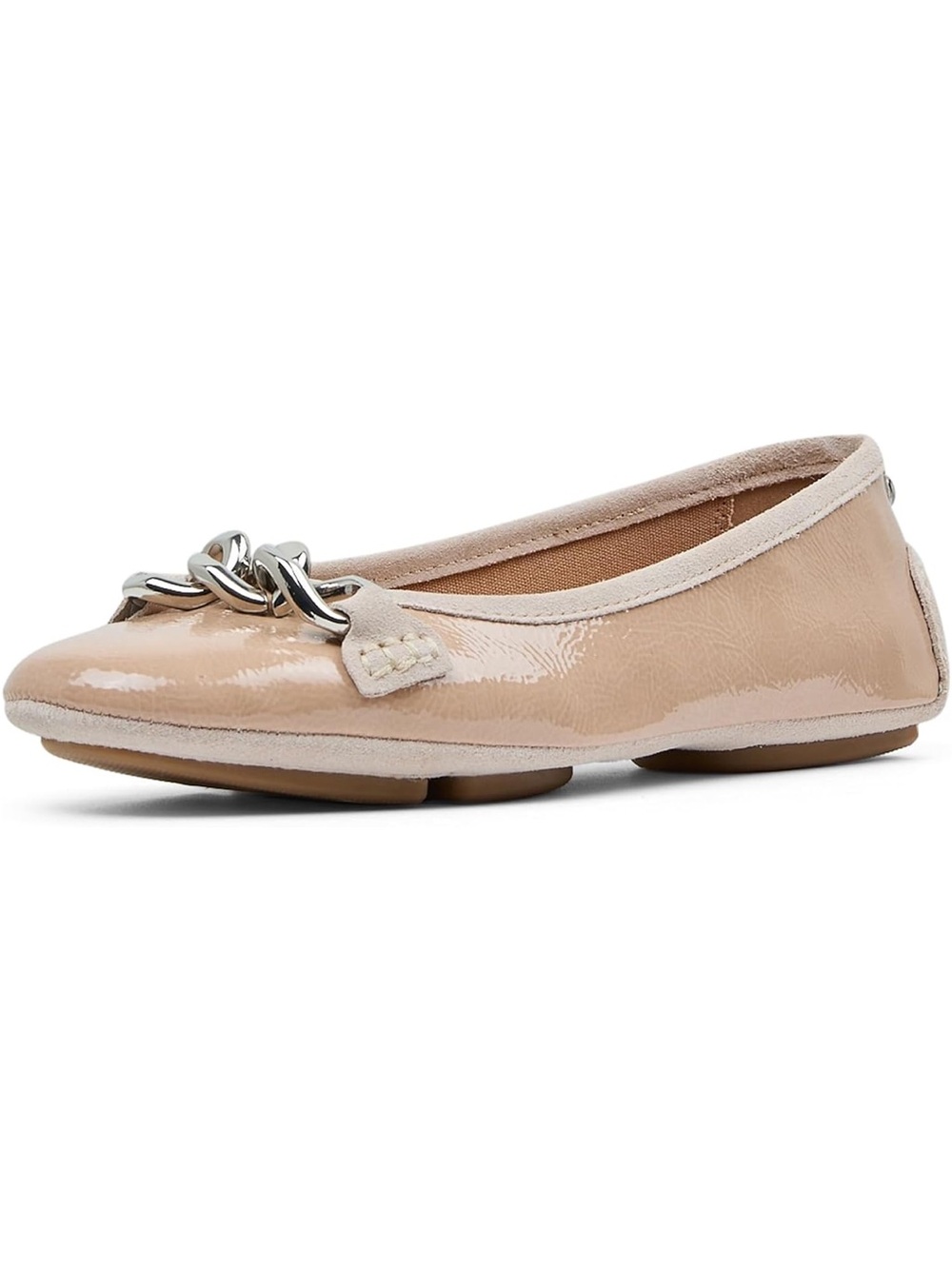 Donald Pliner Women’s Nude Patent Leather Ballet Flat with Silver Chain Accent